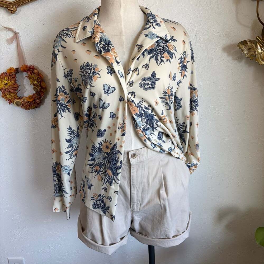 Vintage Floral Butterfly Long Sleeve Button Down M